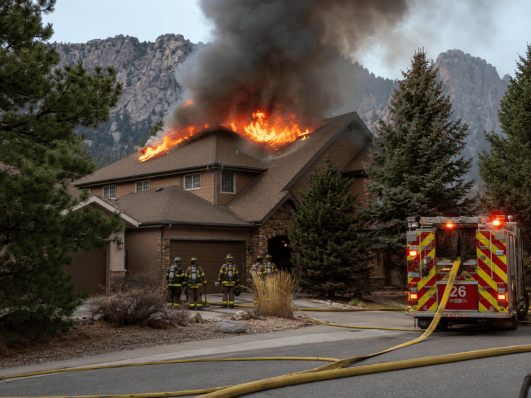 Firefighters and a fire engine responding to a house roof fire in the Colorado foothills