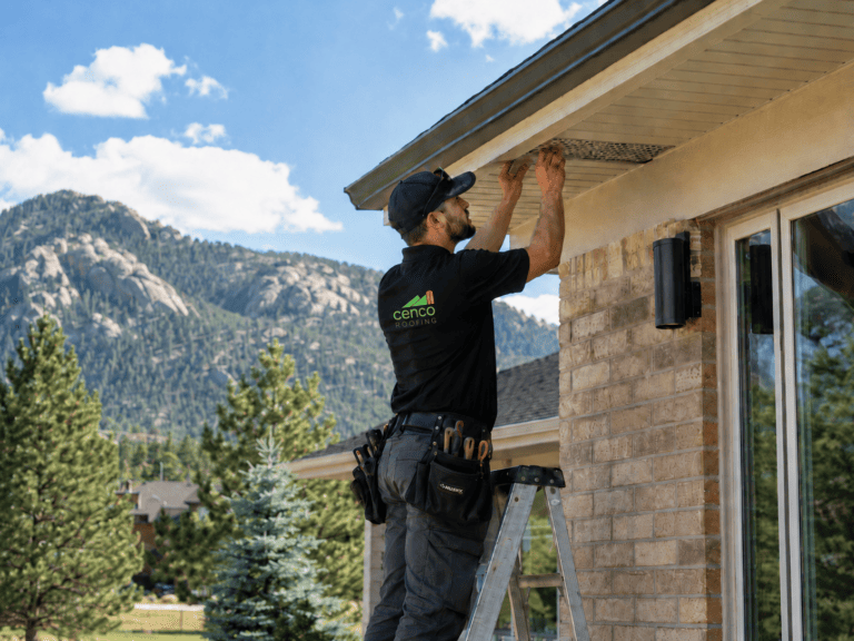 Cenco Roofing worker on a ladder reaching up to a home's eave and soffit with mountains in the background